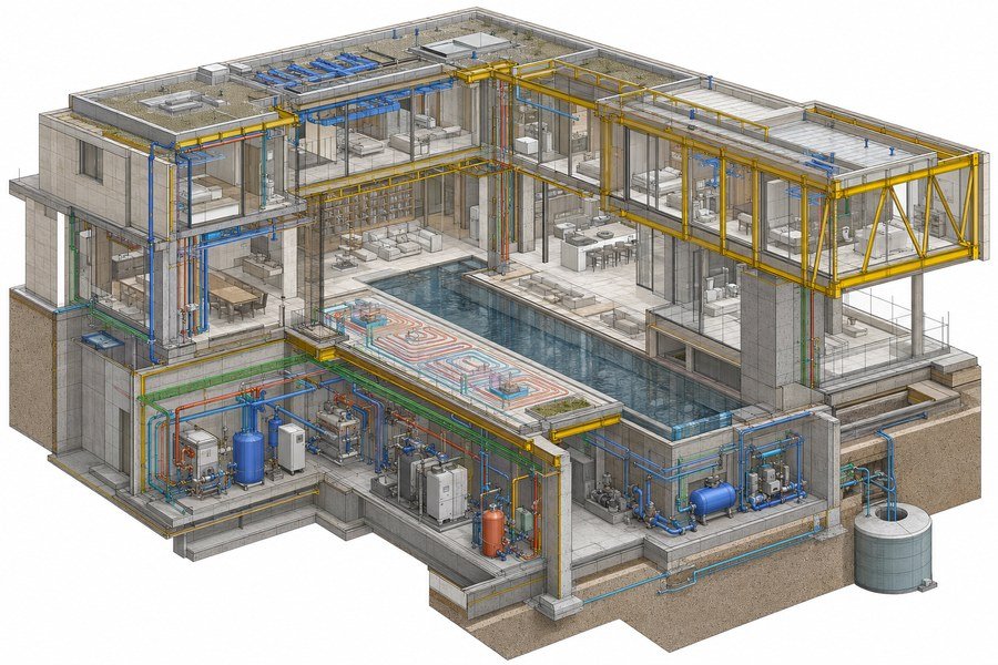 Maquette BIM en écorché d'une villa : structure, réseaux et équipements techniques révélés par couches