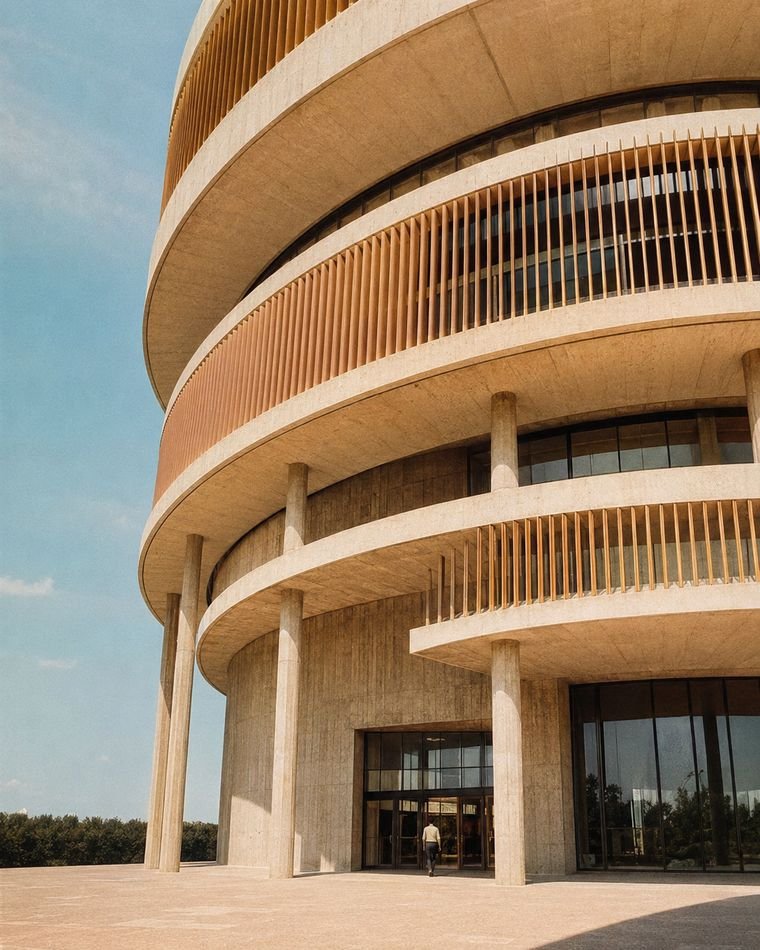 Bâtiment circulaire en béton clair à coursives superposées
