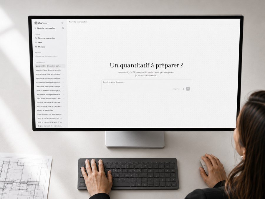 Interface Meridiane à l’écran d’un poste de travail : écran d’accueil « Un quantitatif à préparer ? », champ de demande, plan posé sur le bureau
