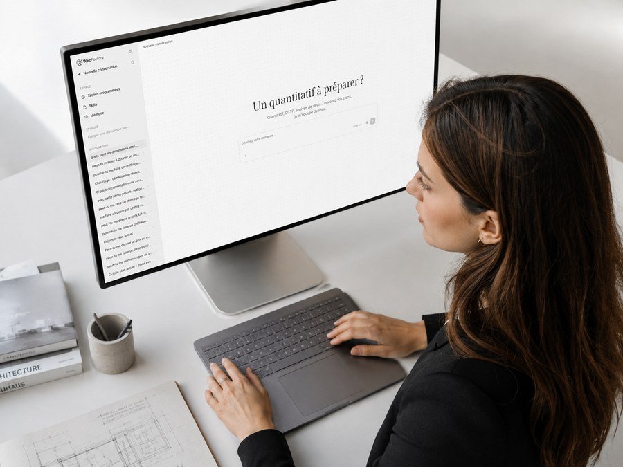 Interface Meridiane vue par-dessus l’épaule : historique des demandes, tâches programmées et mémoire dans la barre latérale, plan en cours sur le bureau